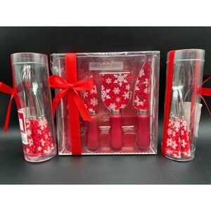 Holiday Snowflake Cheese Knife and Cocktail‎ Fork Set Red Handles 16pc New
